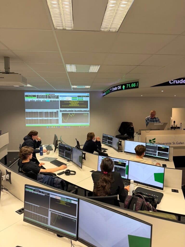 Trading simulation on screen in the HSG trading room