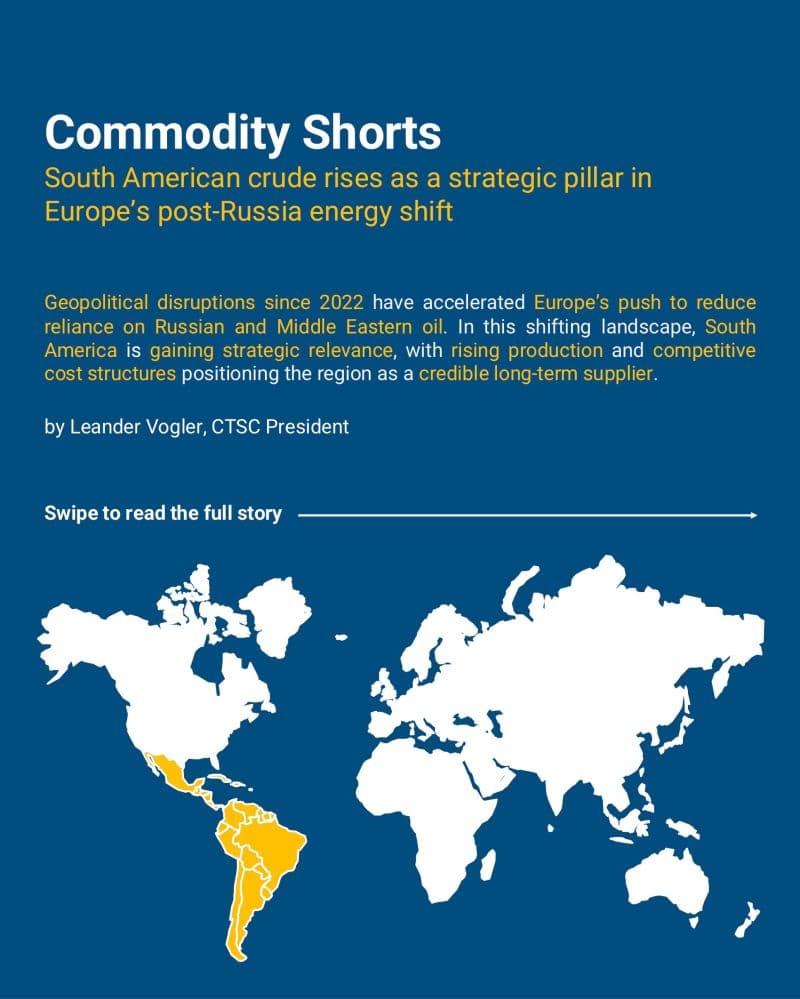 Commodity Shorts title slide: “South American crude rises as a strategic pillar in Europe's post-Russia energy shift”. Geopolitical disruptions since 2022 have accelerated Europe's push to reduce reliance on Russian and Middle Eastern oil; with rising production and competitive cost structures, South America is positioned as a credible long-term supplier. By Leander Vogler. World map with Latin America highlighted.