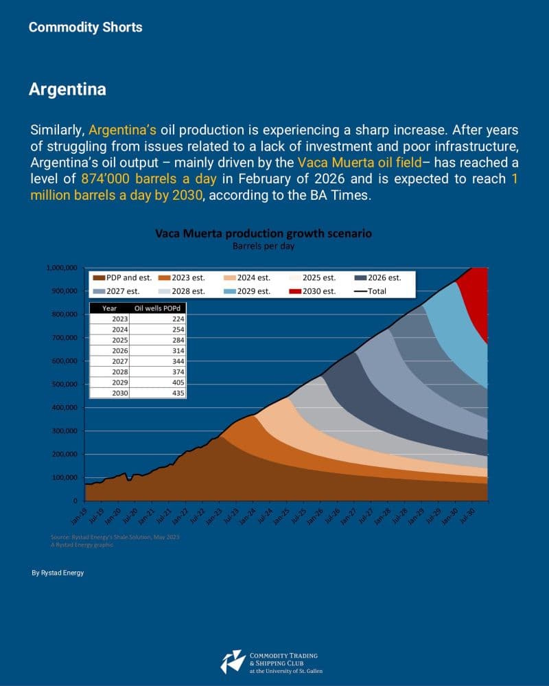 Argentina: driven mainly by the Vaca Muerta field, oil output reached 874,000 barrels a day in February 2026 and is expected to reach 1 million barrels a day by 2030, according to the BA Times. Chart: Rystad Energy's Vaca Muerta production growth scenario, rising towards 1,000,000 barrels per day by 2030.